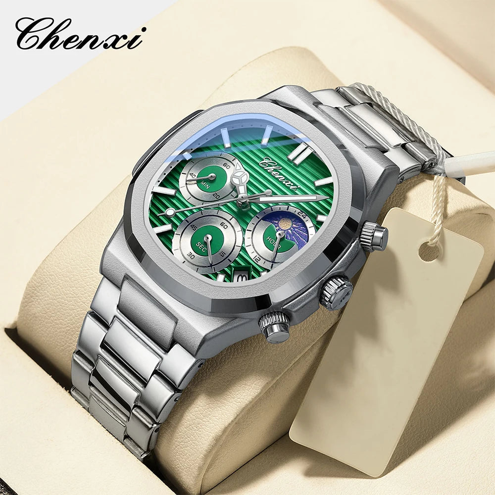 Astronomical Chronograph Watch - Waterproof Moon Phase Calendar with Luminous Steel
