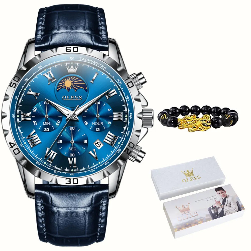 OLEVS 2950 Moon Phase Quartz Watch for Men Multi functional Roman Scale Original Hand Clock Chronograph Business Male Watches