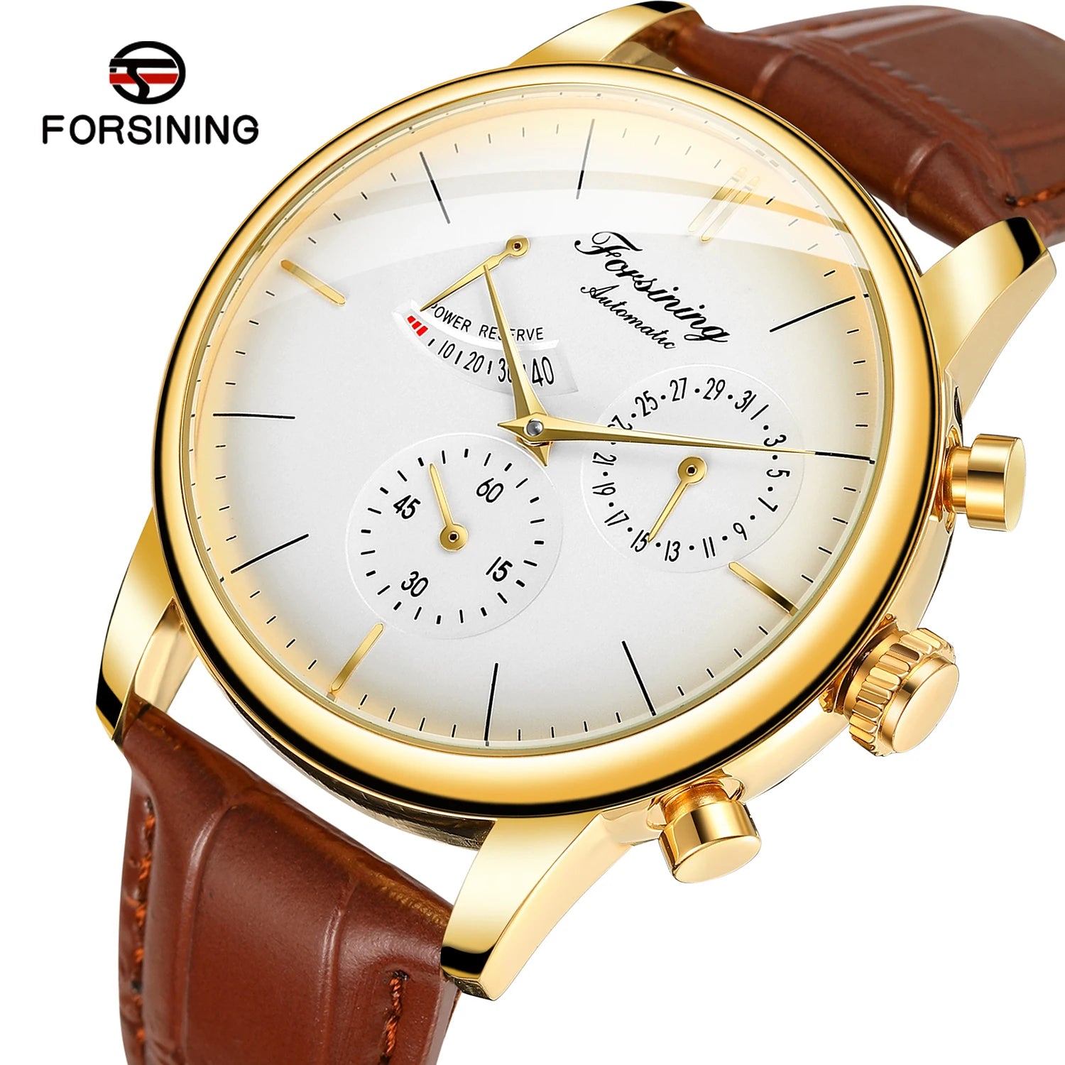 Power Reserve Date Automatic Watch - Elegant Leather Strap