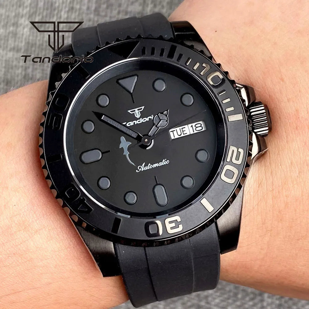 Tandorio Black Pvd Case Dress NH36A 40mm Automatic Watch for Men Rubber Strap Week Date Display Ceramic Rotating Bezel Sapphire