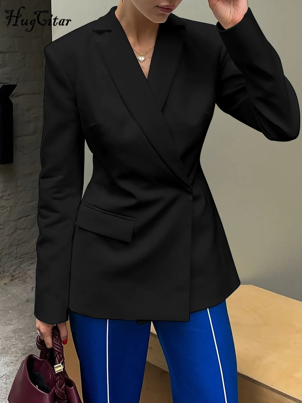 Hugcitar Solid Notched Collar Long Sleeve Button Backless Slip Sexy Oversize Suit Blazer Coat Female Fashion Top Party Vacation