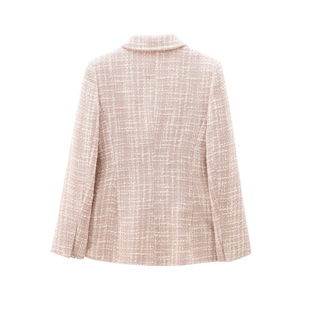 TRZA-Double Breasted Tweed Blazer for Women, Long Sleeve Coat, Flap Pockets, Female Outerwear, Chic Tops, Fashion
