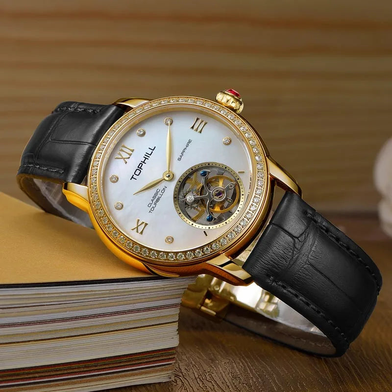 TOPHILL Luxury Automatic Tourbillon Watches 19Zuan Diamond Hollow Movement Mechanical Wristwatch Lady Sapphire Waterproof TU003L
