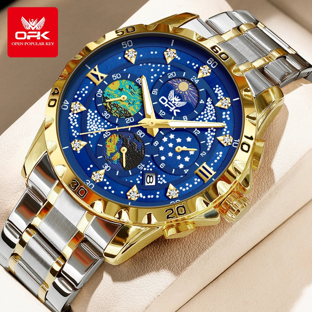 OPK Moon Phase Men's Watches Multi-function Timing code Luminous Waterproof Watch for Man