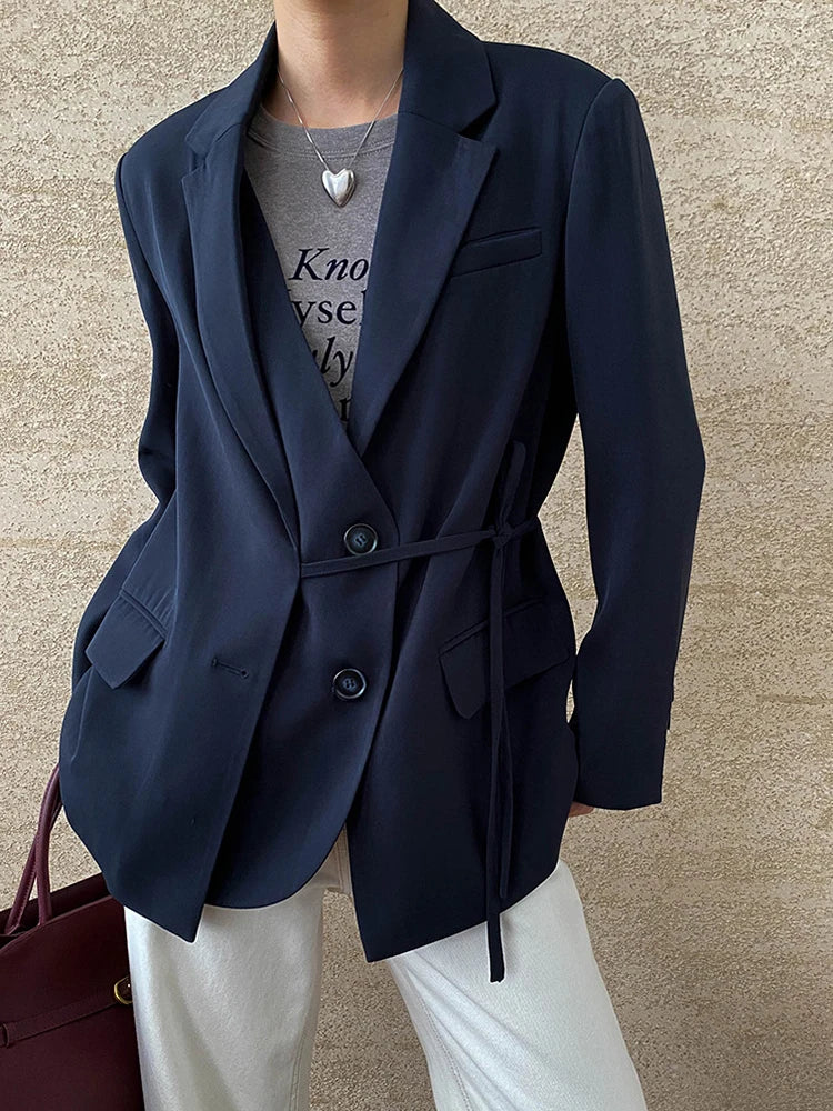[LANMREM] Designer Asymmetric Spliced Design Lace-up Gathered Waist Blazers For Women Notched Fit Jackets 2025 Winter New 26C565