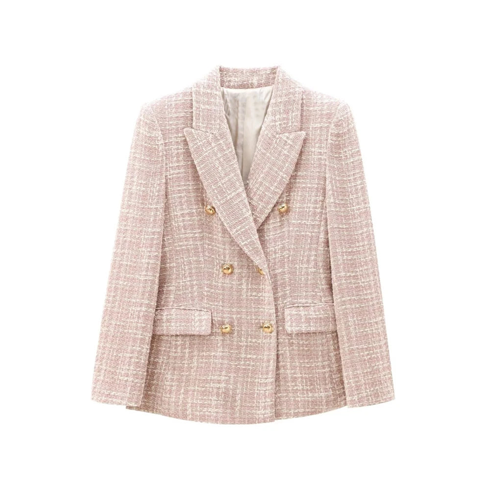 TRZA-Double Breasted Tweed Blazer for Women, Long Sleeve Coat, Flap Pockets, Female Outerwear, Chic Tops, Fashion