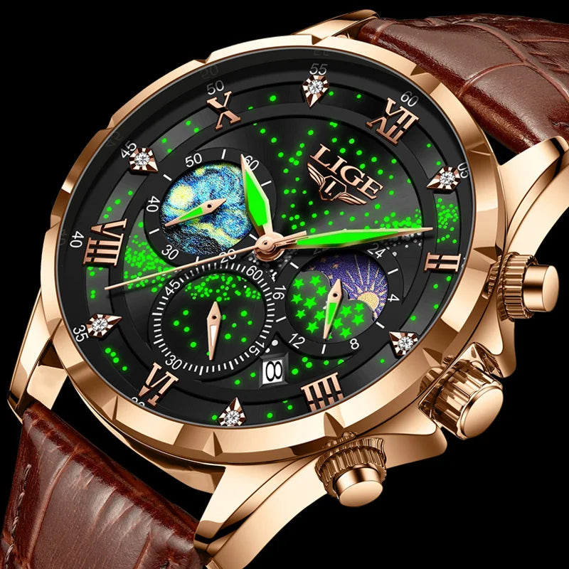 LIGE Chrono Master - Luxury Leather Waterproof Date Chronograph