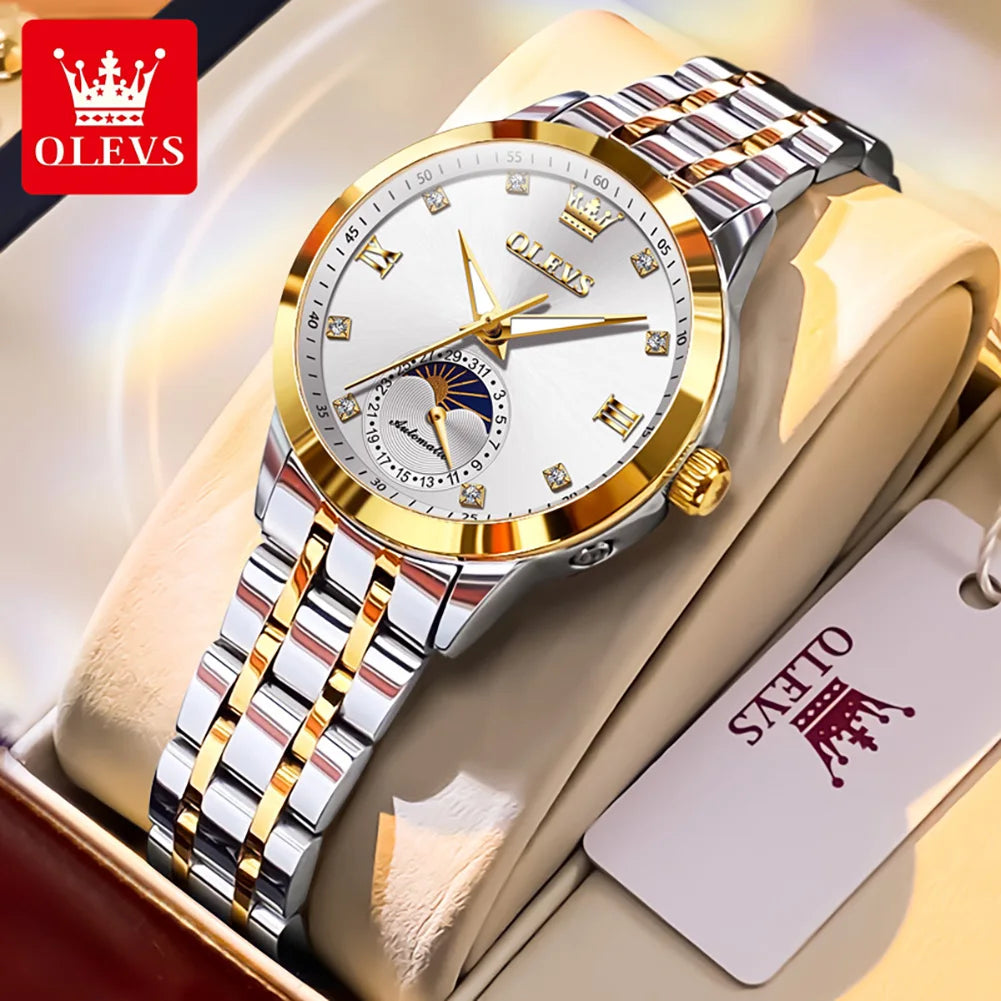 OLEVS Fashion Date Women's Watches Moon Phase 30m Waterproof Automatic Mechanical Watch for Lady Stainless Steel Brand Luminous