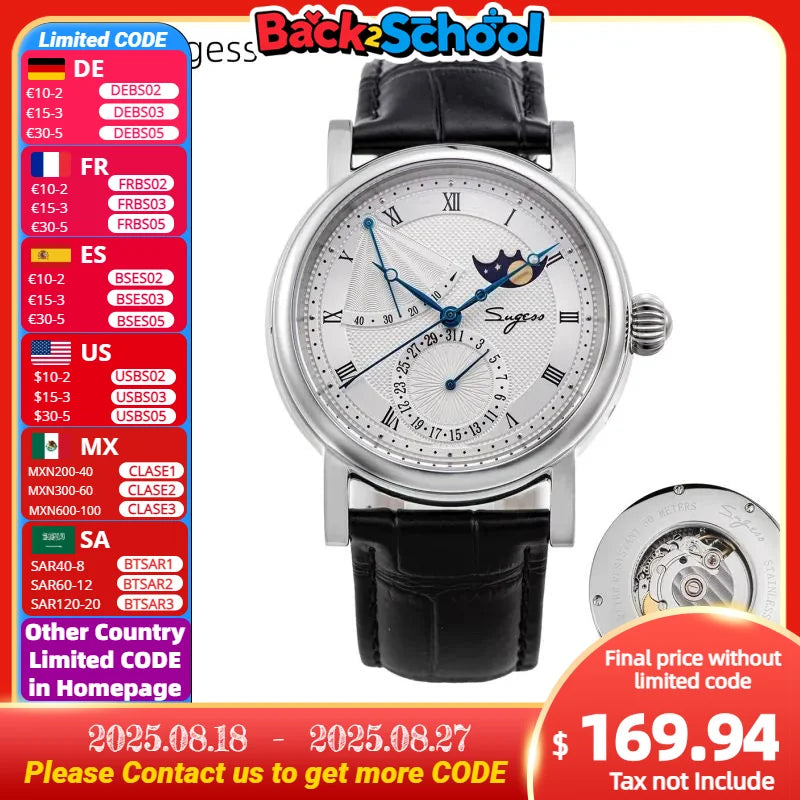 Sugess Moonphase Men's Watch Automatic Mechanical Watches for Tianjin Movement Sapphire Glass Water Resistant Wristwatches New