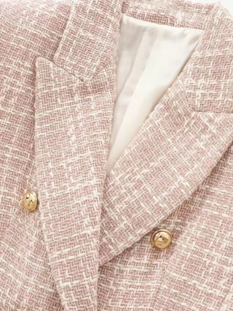 TRZA-Double Breasted Tweed Blazer for Women, Long Sleeve Coat, Flap Pockets, Female Outerwear, Chic Tops, Fashion