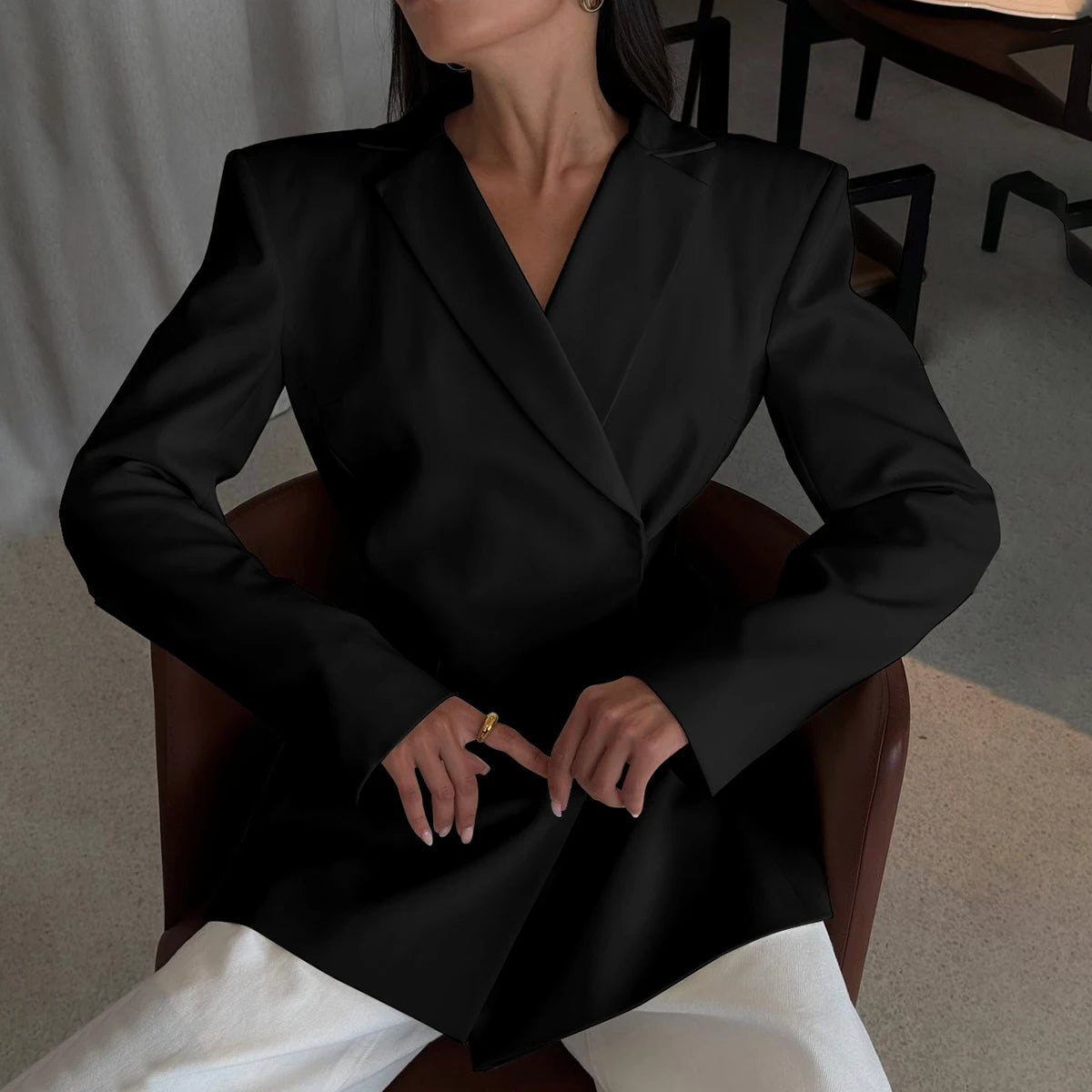 Hugcitar Solid Notched Collar Long Sleeve Button Backless Slip Sexy Oversize Suit Blazer Coat Female Fashion Top Party Vacation