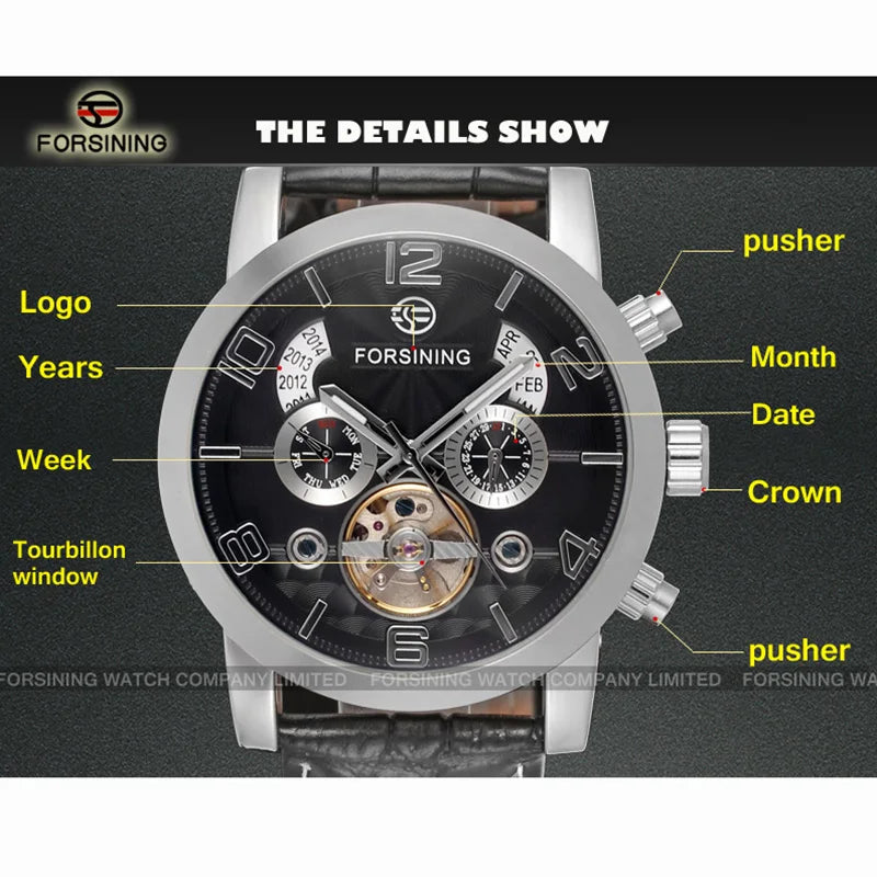 Forsining Fashion Mechanical Male Wristwatches Tourbillon Waterproof Leather Strap Regulator Watches With Perpetual Calendar