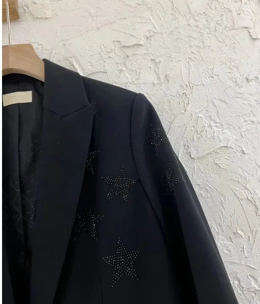 crystal-embellished blazer women peak lapels long sleeves two side flap pockets high fashion autumn winter blazers female