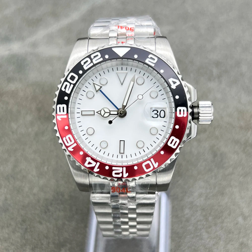 Automatic GMT Watch for Men – NH34 Movement, White Sterile Dial, Ceramic Bezel, Blue Hand, Dual Time Zone Stainless Steel