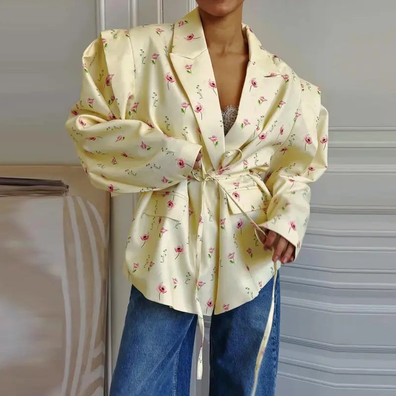 Fashion Printed Women's Blazer Coat Loose Lapel Long Sleeve Lace Up One Button Jacket Female 2025 Spring All-match Streetwear