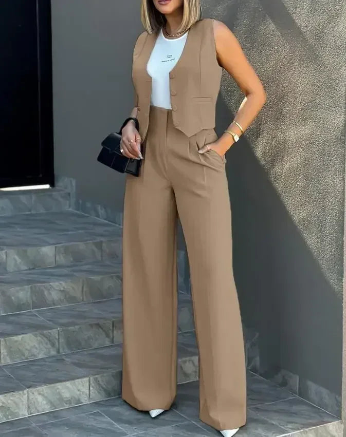 New 2025 Women's Summer Casual 2PCS Pants Sets Solid Vest +Pants Sets Elegant High Waist Wide Leg Outfits Women Matching Sets