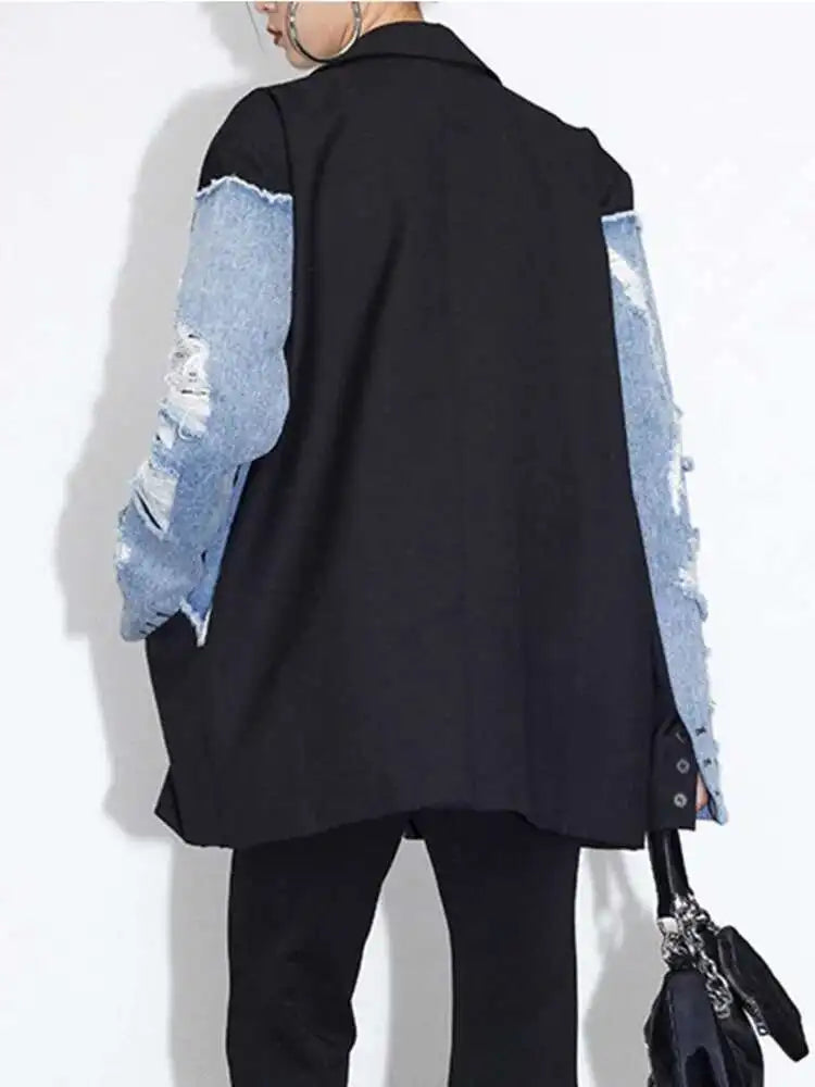 DEAT Women's Blazer Notched Collar Patchwork Burrs Edge Denim Broken Holes Loose Suit Jackets 2025 Summer New Fashion LM0107