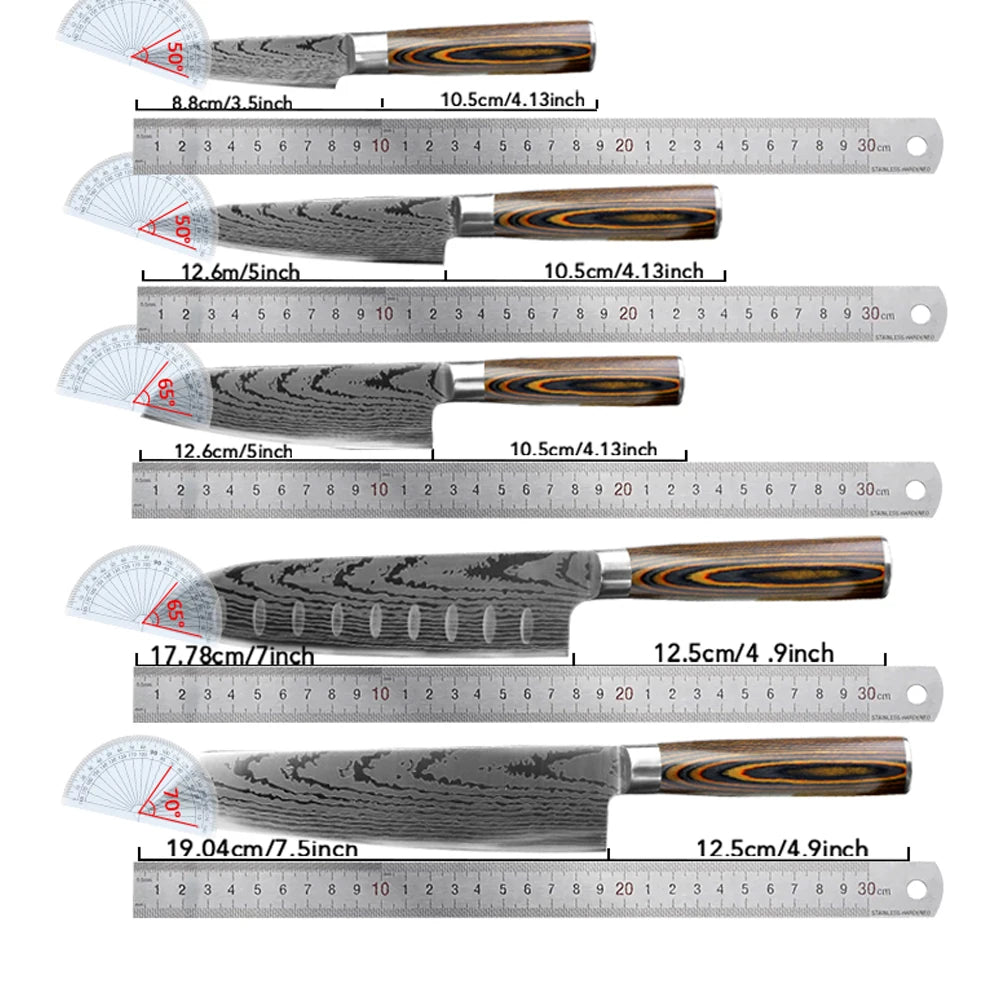 Kitchen Knife Chef Knives Japanese 7CR17 440C High Carbon Stainless Steel Imitation Damascus Sanding Laser Knife