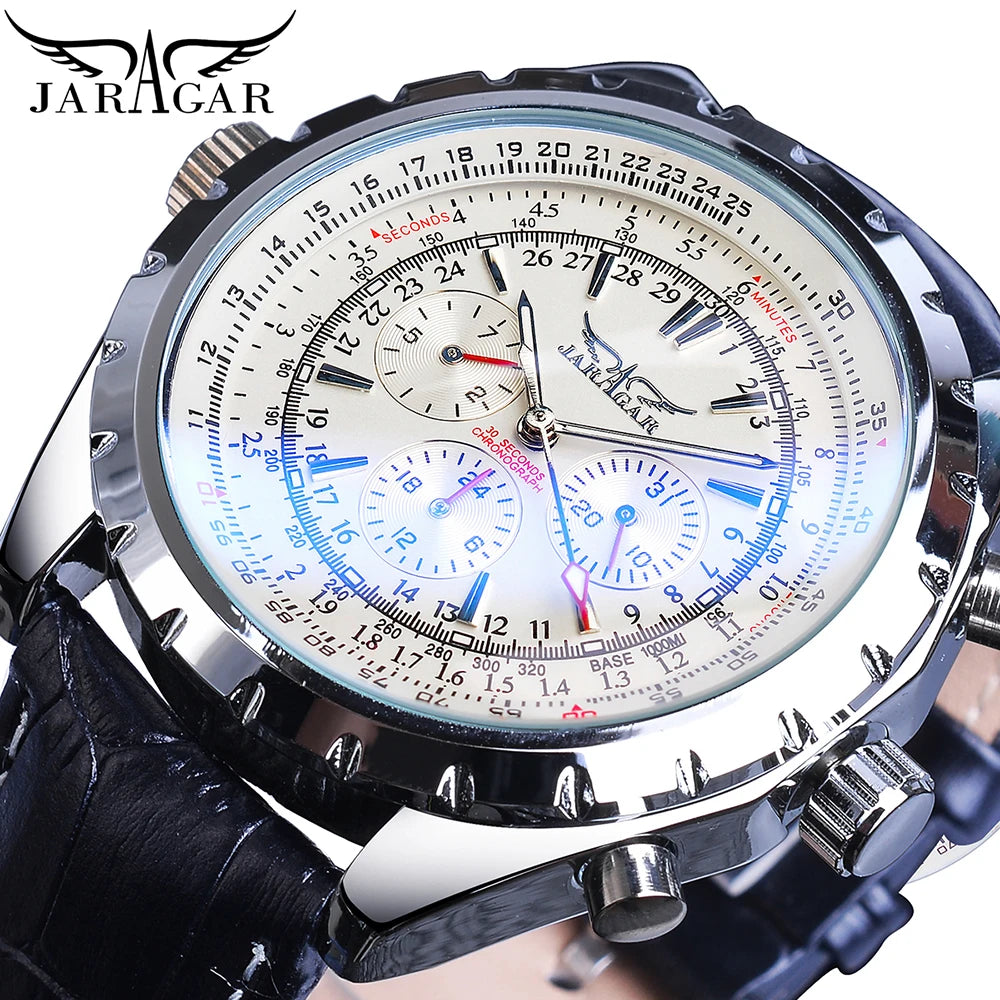 Jaragar Aviator Pro - Pilot Calendar Automatic Sport Watch with Leather Strap