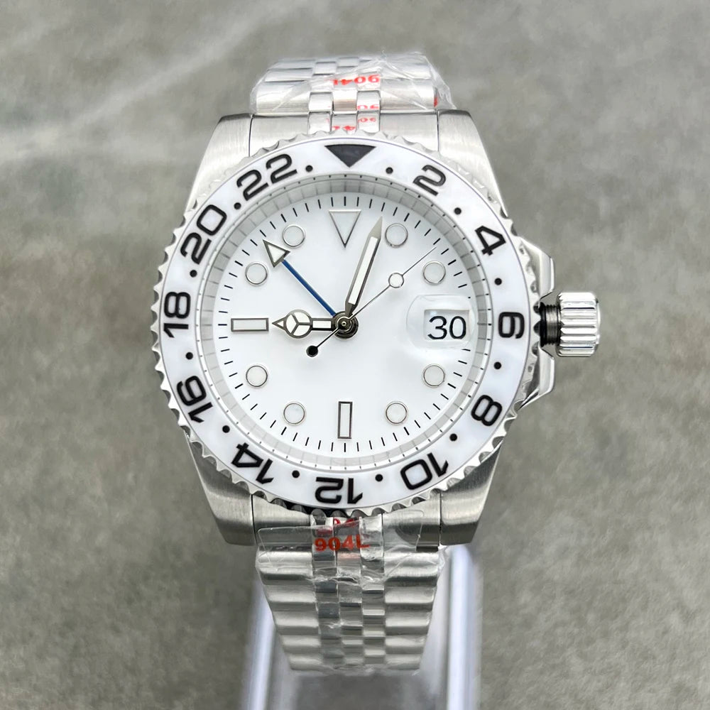 Automatic GMT Watch for Men – NH34 Movement, White Sterile Dial, Ceramic Bezel, Blue Hand, Dual Time Zone Stainless Steel