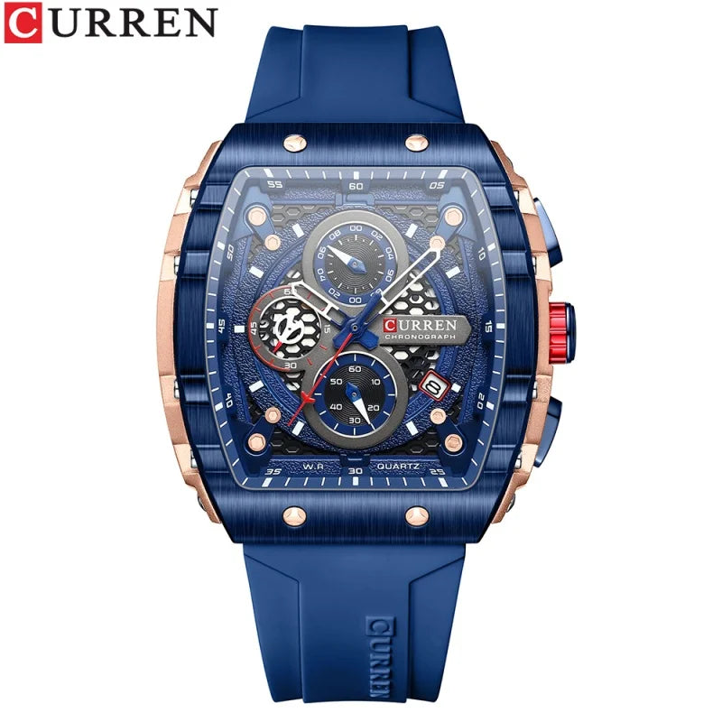 Curren 8442 Men's Rectangular Watch - Unique Hollow Design Sports Chronograph