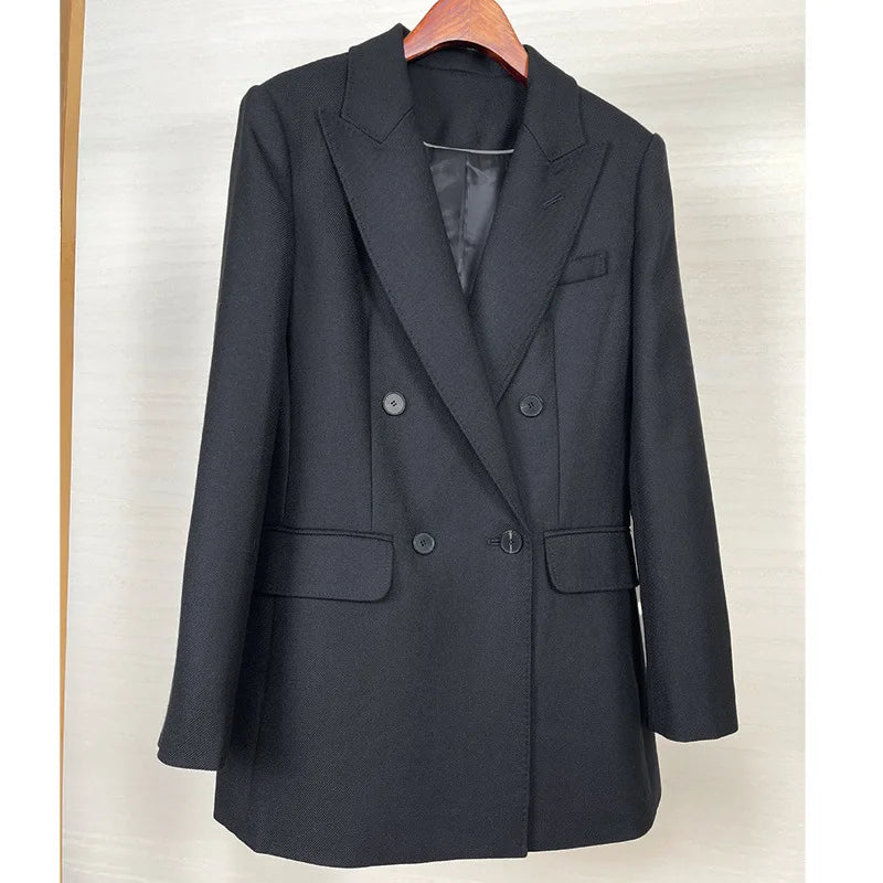 High-end Suit Jacket Women Autumn 100% Wool Horn Buckle White Small Suit 2024 Winter Black Double-Breasted Slim Commuter Classic