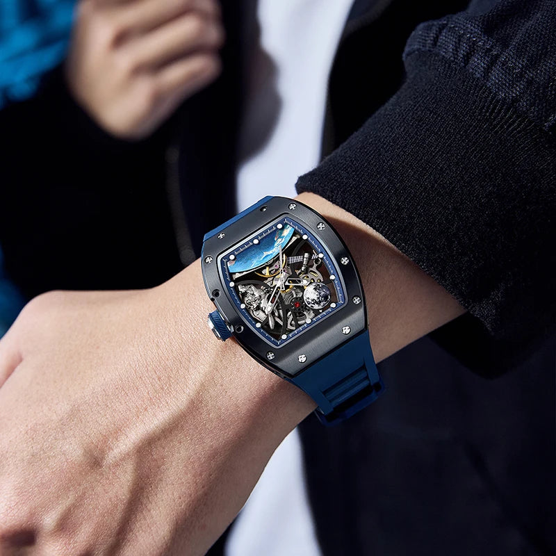 2025 New Top Brand Mens Automatic Watch Skeleton Tonneau Waterproof Wristwatch Luxury Clock Mechanical Watch for Men Earth dial