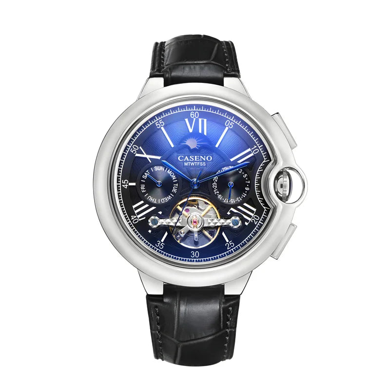 Men Watches Luxury Moon Phase Automatic Mechanical Watch Week Date Tourbillon Clock Leather Strap Waterproof Military Watch Men