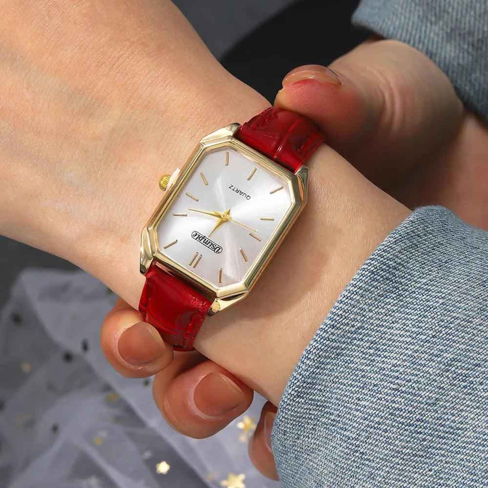 Luxury Women's Watches Elegant Womens Quartz Watch Analog Red PU Leather Designer Square Dial Wrist Watch Ideal Choice for Gifts