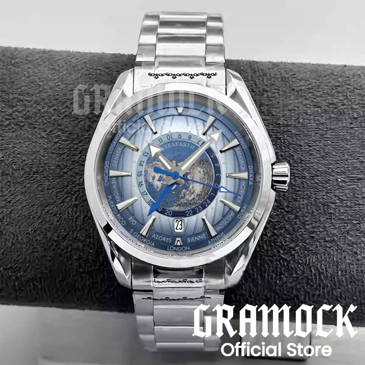 Gramock 40mm World Time GMT Zone Map Men's 6 o'clock Date Automatic Watch NH34A Mechanical Diving Wristwatch Steel/Rubber Strap