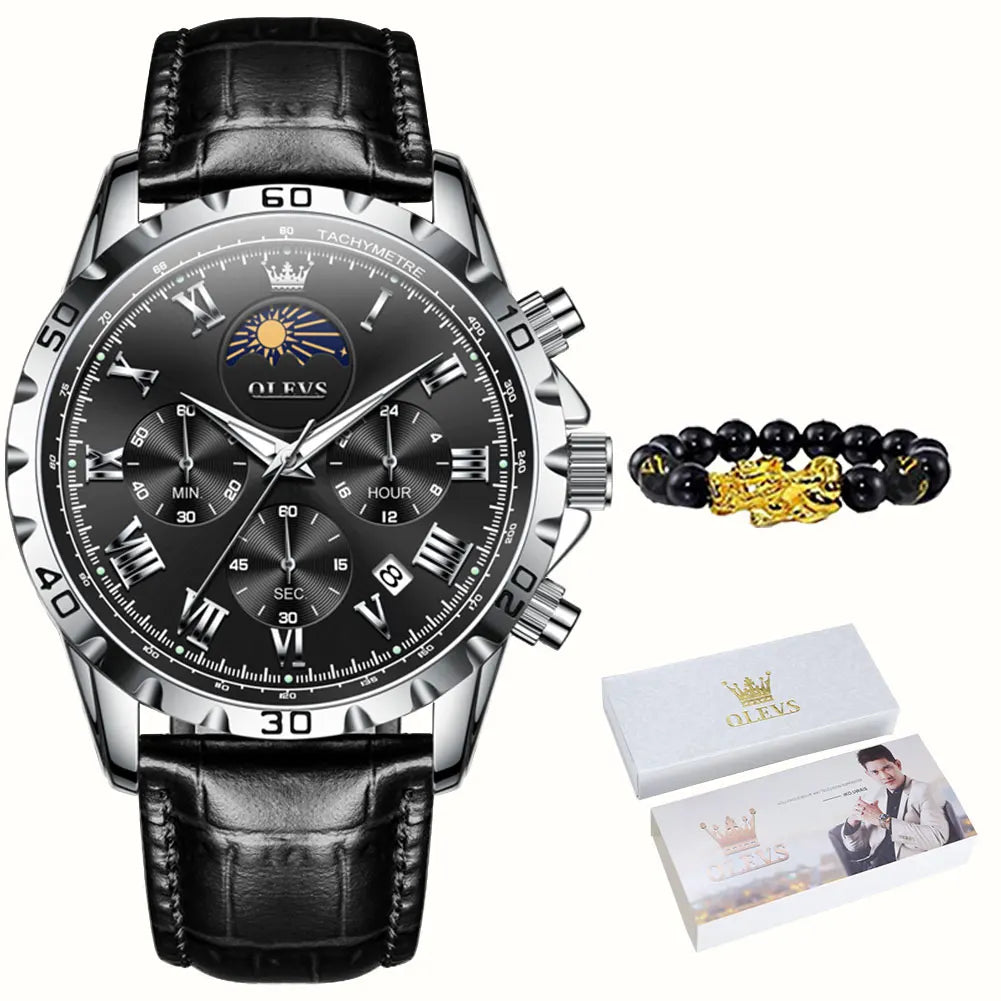 OLEVS 2950 Moon Phase Quartz Watch for Men Multi functional Roman Scale Original Hand Clock Chronograph Business Male Watches