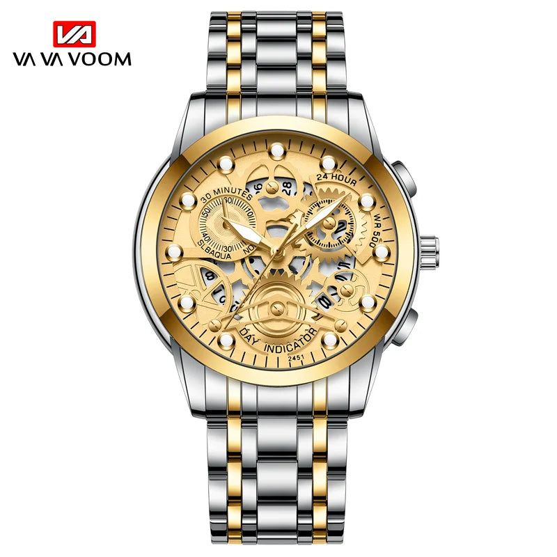 Sports Men's Watch Fashionable Stainless Steel Strap Fashionable Hollow Dial Golden Business Style Original Quartz Watch for Men