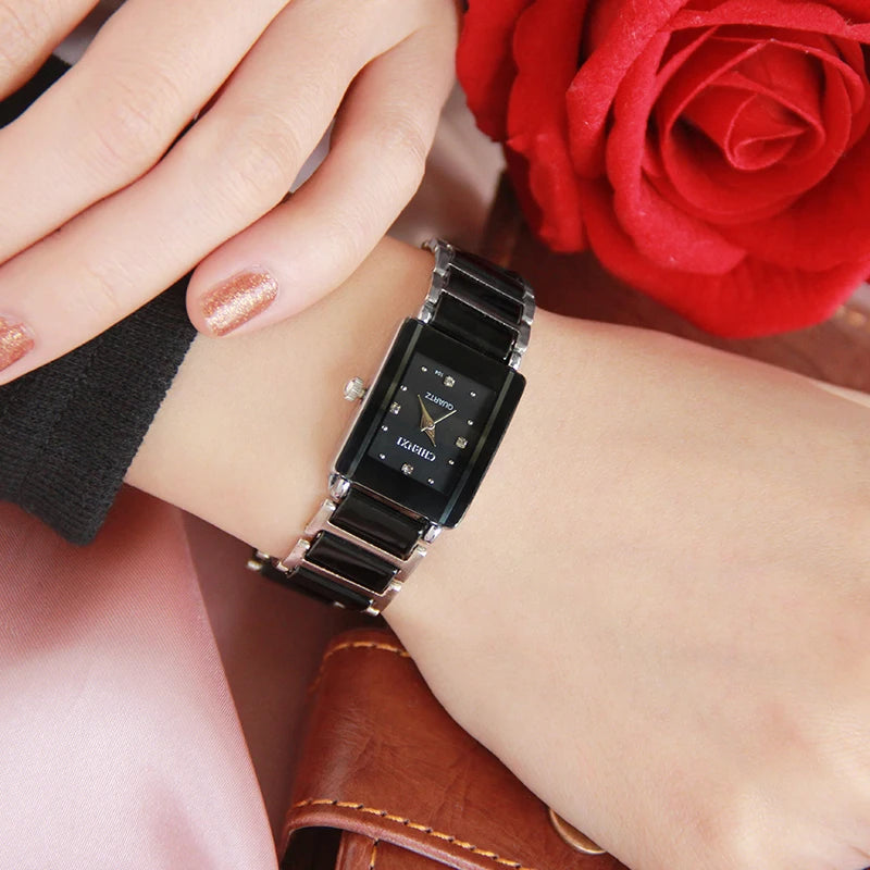 Minimalist Ceramic Rhinestone Watch - Sleek Black Quartz Timepiece for Women