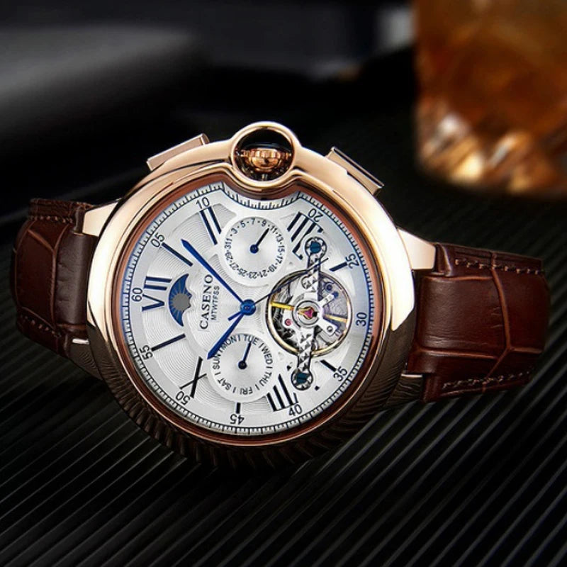 Men Watches Luxury Moon Phase Automatic Mechanical Watch Week Date Tourbillon Clock Leather Strap Waterproof Military Watch Men