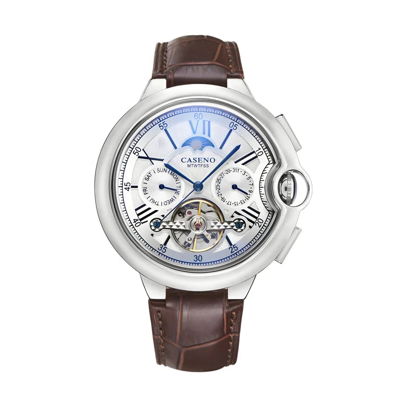 Men Watches Luxury Moon Phase Automatic Mechanical Watch Week Date Tourbillon Clock Leather Strap Waterproof Military Watch Men