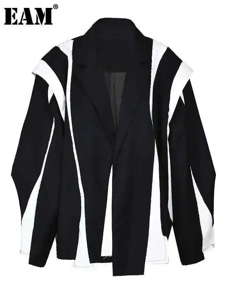 [EAM]  Women Black Irregular Color-block Big Size Blazer New Lapel Long Sleeve Jacket Fashion Tide Spring Autumn 2025 1DF308001