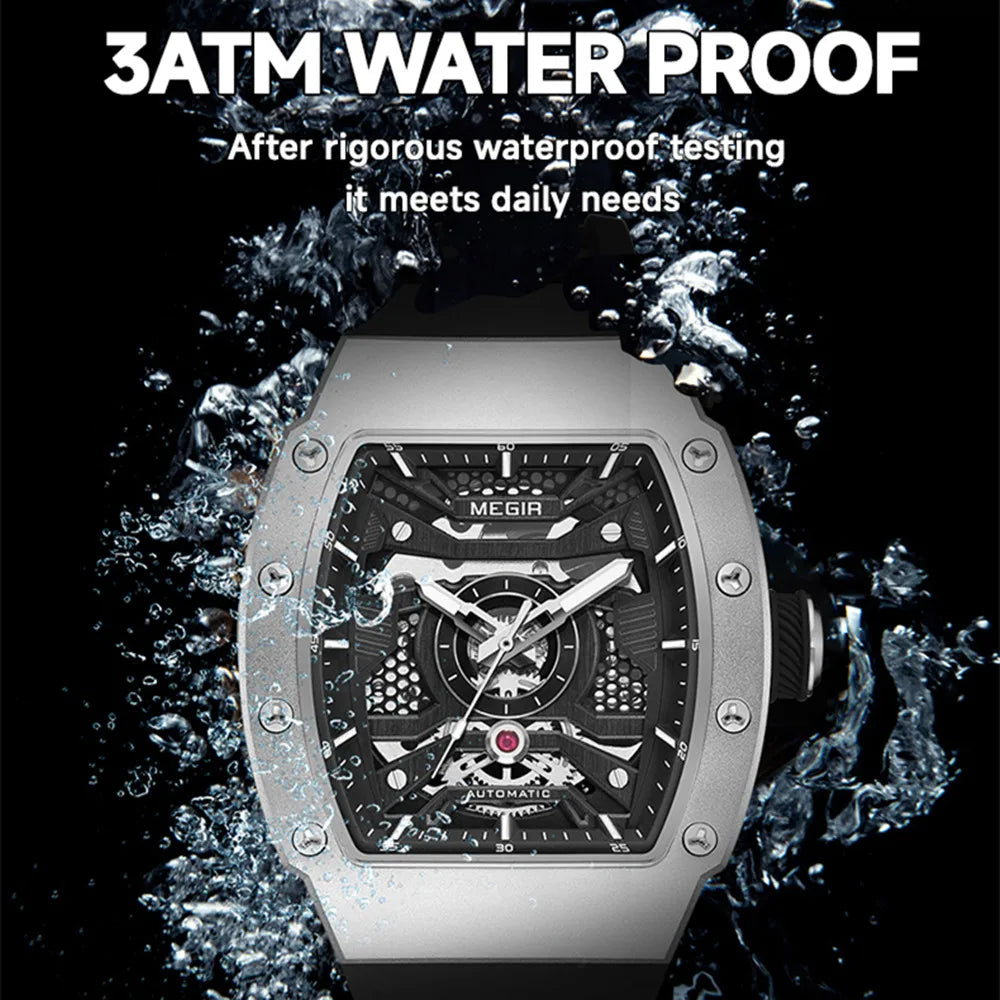MEGIR Mens Watches Skeleton Mechanical Automatic Wristwatches Luminous Waterproof Large Dial Casual Watch Clock Gift for Men