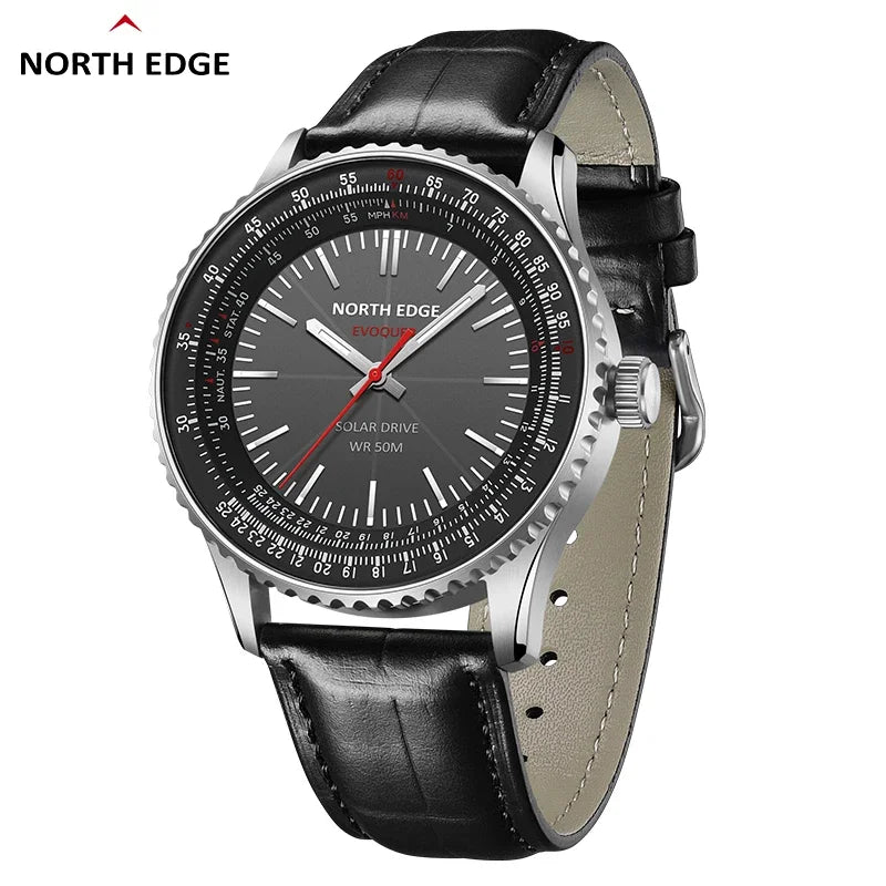 NORTH EDGE EVOQUE3 Solar Drive Watches For Men Pilot Series Leather Strap Luminous Stainless Steel Waterproof 50M Reloj Hombre