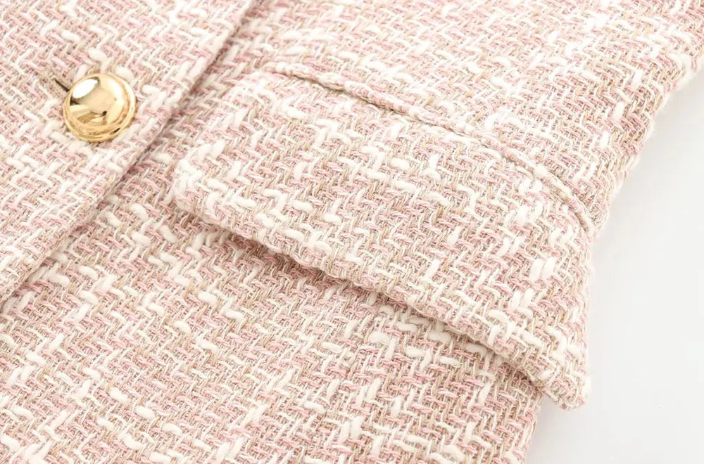 TRZA-Double Breasted Tweed Blazer for Women, Long Sleeve Coat, Flap Pockets, Female Outerwear, Chic Tops, Fashion