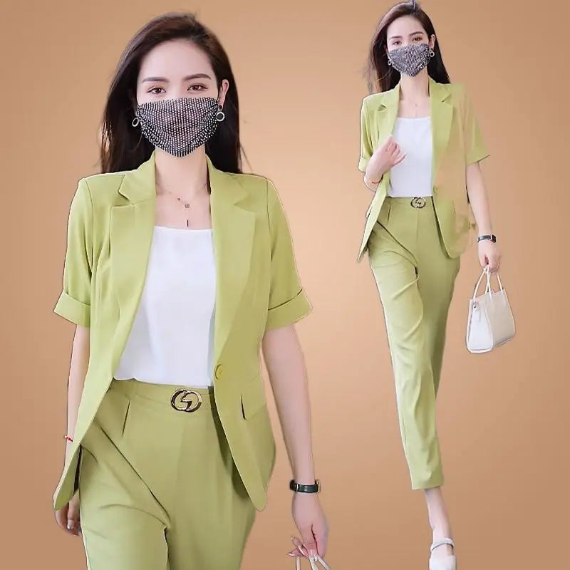 Women's Summer New Fashion Short Sleeved Suit Pants Two Piece Korean Elegant Thin Casual Blazers Jacket Trousers Matching Set