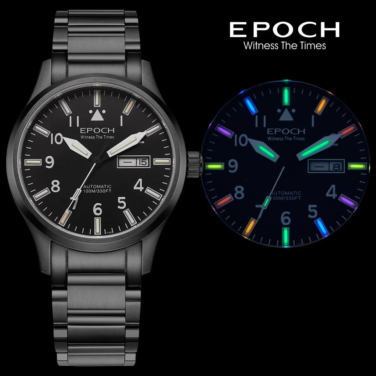 EPOCH Men Luminous Rainbow Light Watch Automatic Mechanical  Japan Miyota 21Jewels Sapphire WR100M English  Chinese week