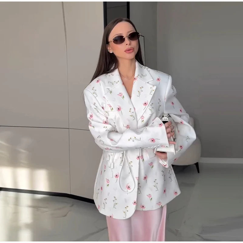 Fashion Printed Women's Blazer Coat Loose Lapel Long Sleeve Lace Up One Button Jacket Female 2025 Spring All-match Streetwear