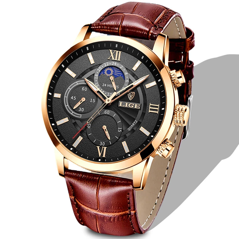 LIGE Cognac Elite 2025 - Premium Brown Leather Waterproof Sport Watch