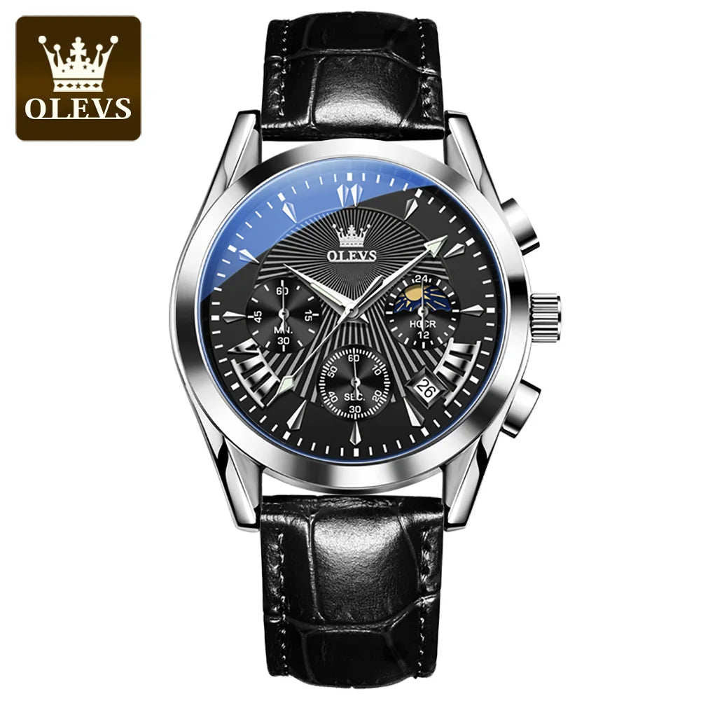 OLEVS 2876 Moon Phase Man Watch Original Genuine Leather Strap Quartz Watch for Men Auto Date Waterproof Luxury Men's Wristwatch