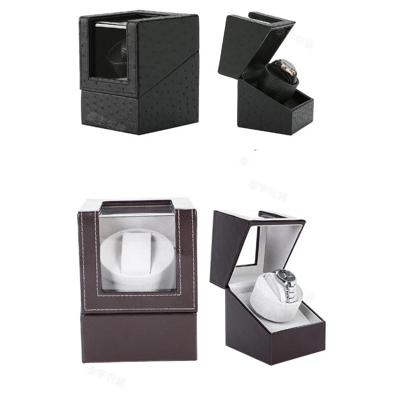 Automatic Single Watch Winder in Black PU Leather with Japanese Quiet Motor AC Adapter or Battery Powered Watch Winders