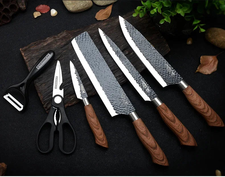 6 Pcs Sets Kitchen Knife Stainless Steel Kitchen Knife Sets Non Stick Blade Chef Sliciing Cleaver Paring Scissors Peeler Knives