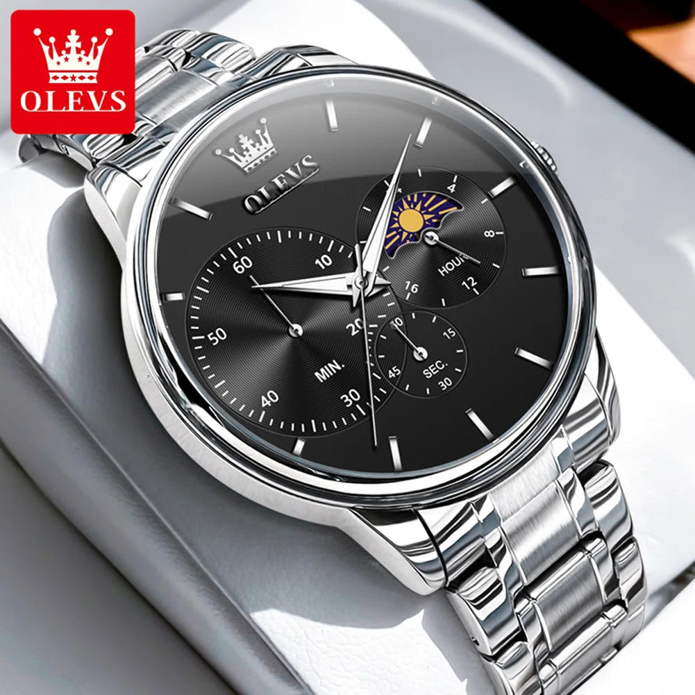 OLEVS Moon Phase Men's Watch Simple Casual Original Fashion Quartz Watch for Men Waterproof Luminous Stainleess Steel Wristwatch