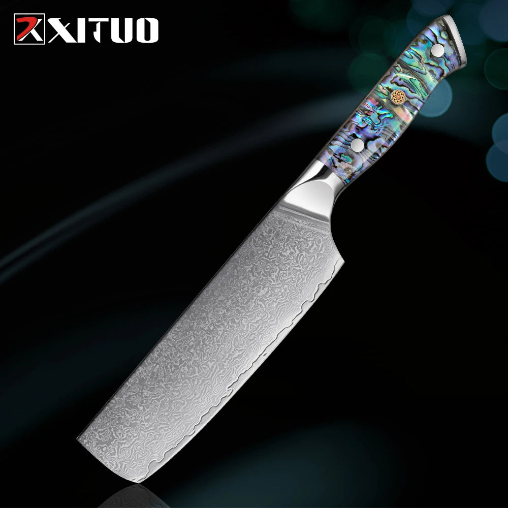 Extremely Sharp Damascus Steel Kitchen Knife Set 1-5Piece Santoku Knife,Utility Knife, Cleaver Knife Acrylic Abalone Handle