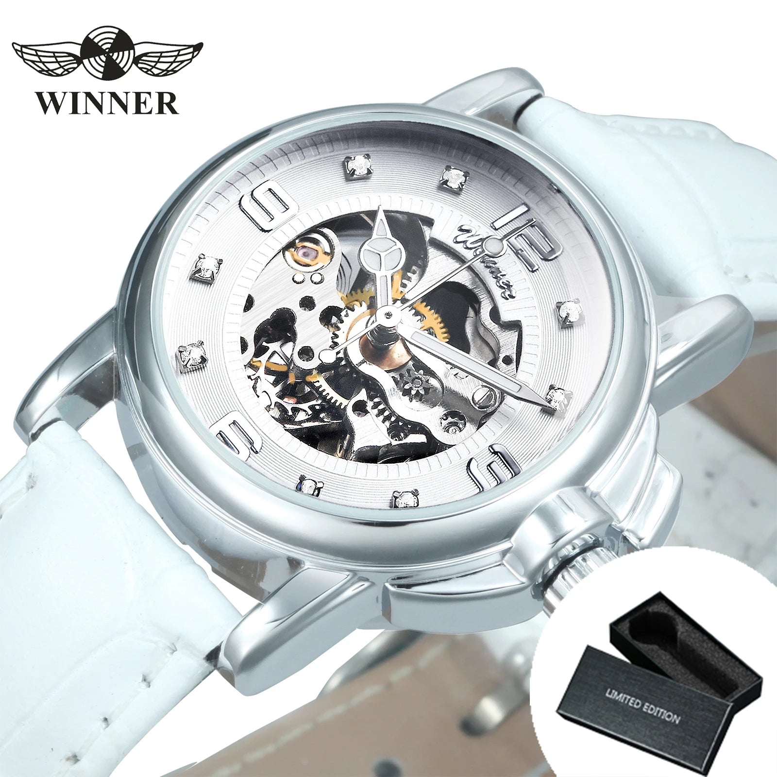 WINNER Fashion Skeleton Mechanical Watch for Women Luxury Rhinestones Dial Elegant Automatic Watches Leather Strap Luminous Hand