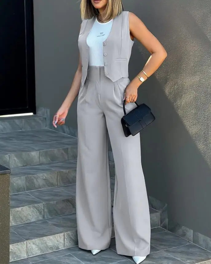 New 2025 Women's Summer Casual 2PCS Pants Sets Solid Vest +Pants Sets Elegant High Waist Wide Leg Outfits Women Matching Sets